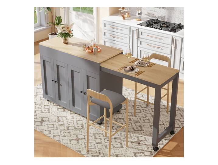 i@home Kücheninsel Ausziehbarer Bartisch, (118–180cm, mit elegantem konkavem Türdesign), Platzsparende bewegliche Kücheninsel mit ausziehbarer Arbeitsfläche