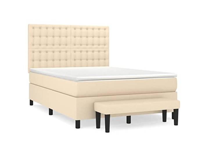 PUGYNBK Boxspringbett, 140 x 200 cm, cremefarbener Stoff Verstellbares Kopfteil, Taschenfederkernmatratze, mittlere Festigkeit, mit Hocker