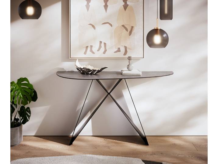 Konsolentisch Edge Oval 140x40 cm Keramik Beton Grau Velio Metall Schwarz, Konsolentische