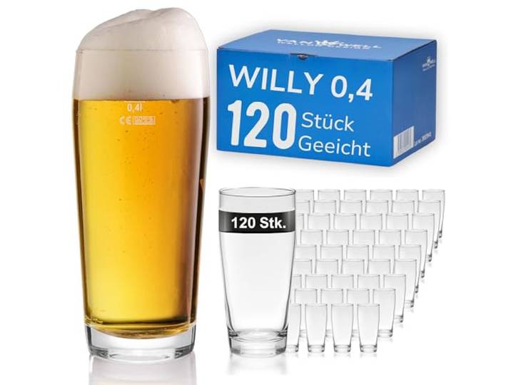 Van Well Willibecher 0,4l 120 Stk - Premium Biergläser 0,4 Liter - Robustes Bierglas, Spülmaschinengeeignet, Geeicht - Pint Gläser in Gastronomiequalität - Trinkglas 400 ml für Gastronmie und Zuhause