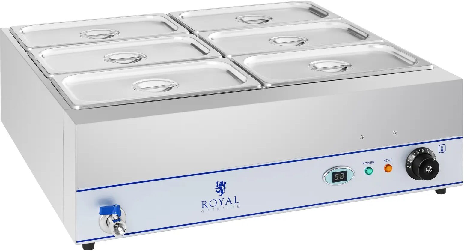 Royal Catering Bain Marie - 2.000 W - 6 x 1/3 GN-Behälter - mit Ablasshahn RCBM-6W-2000