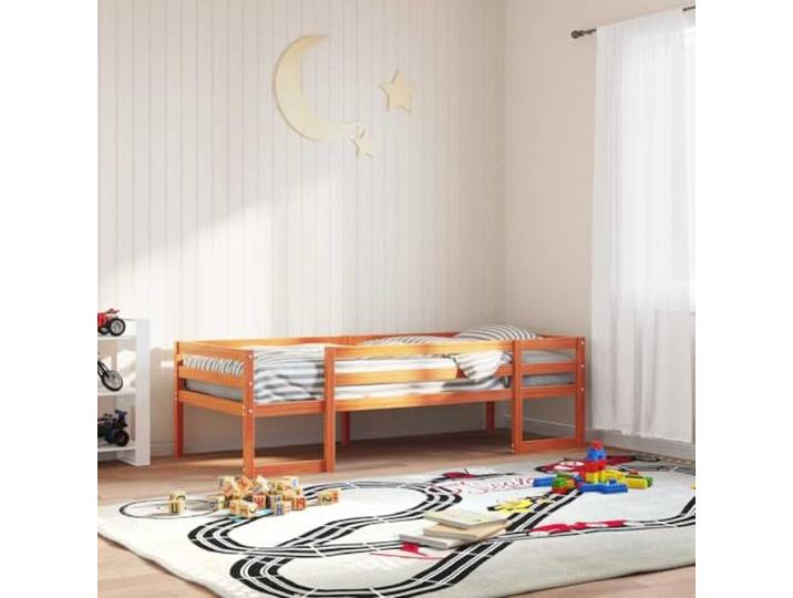 WDGJJFECNMUEHI Massivholz Kiefer Rausfallschutz 75x190 cm Braun Kinderbett Wachsbraun 75x190 cm Massivholz Kiefer mit Rausfallschutz und Stauraum für Kinderzimmer