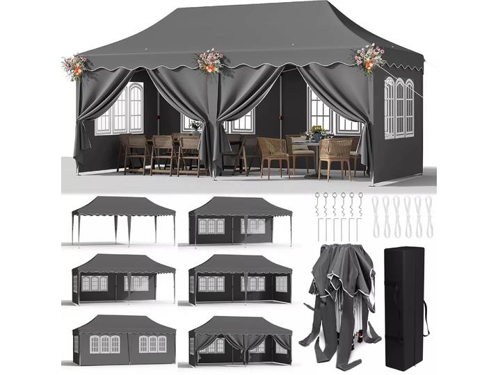 Pavillon pliable 3x6m, gazebo robuste, tente de jardin pliable imperméable avec 6 parois latérales, stable, protection UV 50+