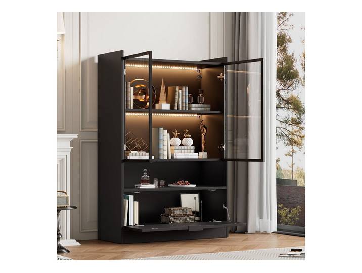 Fyrove Vitrine Moderne LED Vitrine Schwarz Matt mit app LED-Beleuchtung (Set, Glasvitrine Standvitrine mit Beleuchtung) Wohnzimmerschrank mit Glastüren und Klapptür