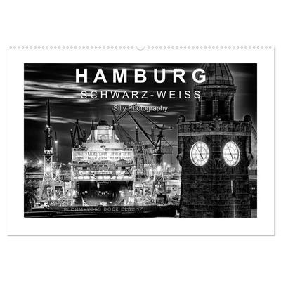 Hamburg in schwarz-weiss (Wandkalender 2026 DIN A2 quer), CALVENDO Monatskalender