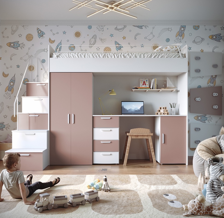 Etagenbett FELIX 4S, Hochglanz Kinderbett, Hochbett, OHNE Matratze und Lattenrost (Weiß + Antikrosa Matt)