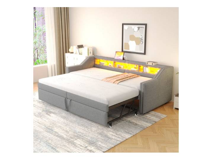 Odikalo Ausziehbett Schlafsofa Polsterbett Staufach USB Lattenrost 90-180x200cm Mehrfarbig