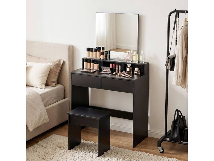 HOMCOM Coiffeuse Bois Noir Miroir 3 Étagères 2 Tiroirs Tabouret