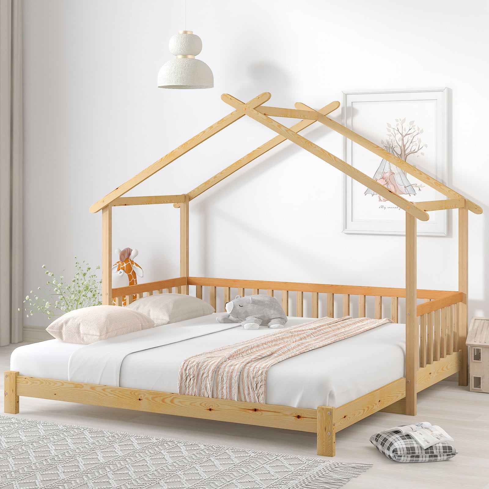 Merax houten kinderbed met dakvorm en valbeveiliging, uitschuifbaar, 90x200 cm