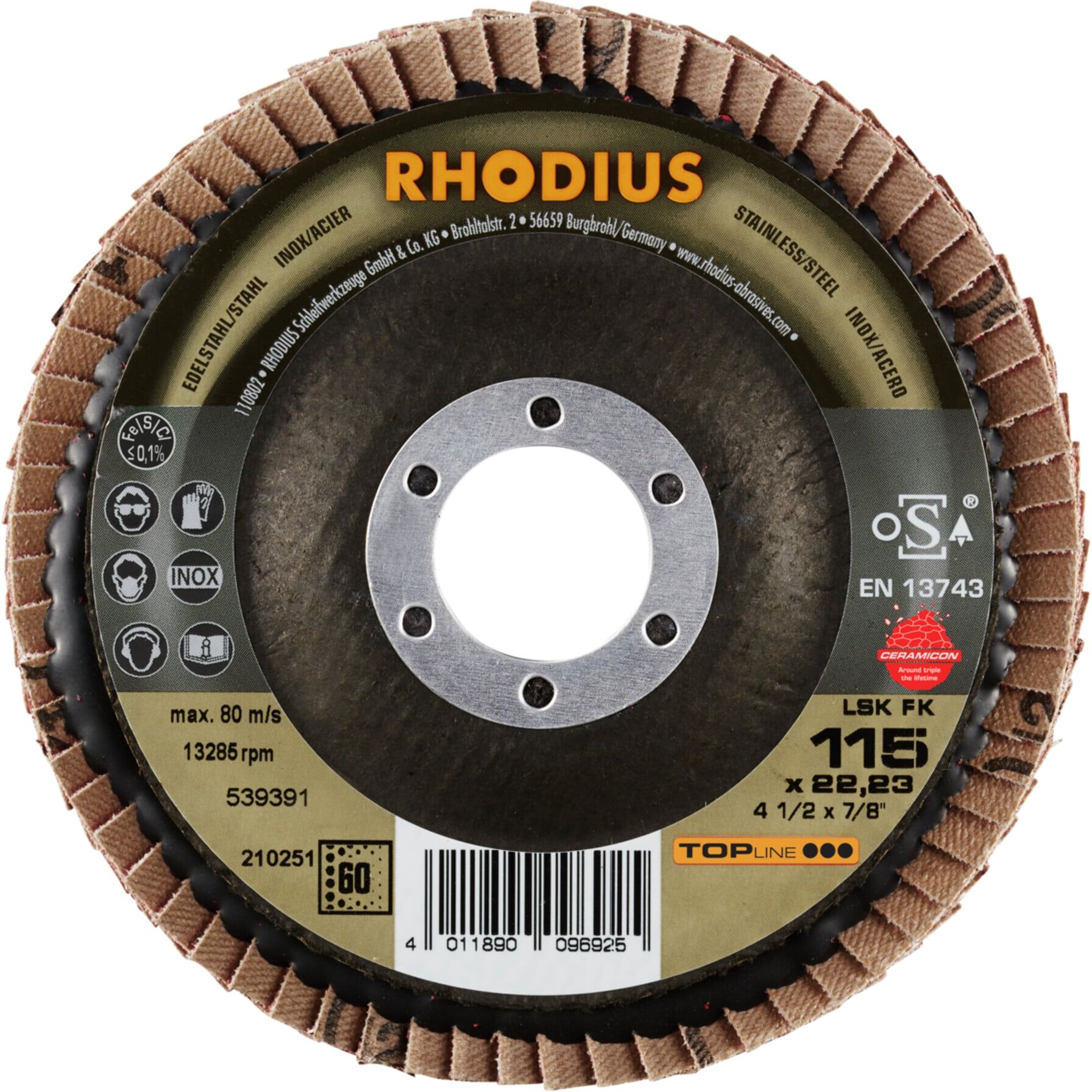 RHODIUS TOPline LSK FK Fächerschleifscheibe 115 x 22,23 mm K60 (210251)