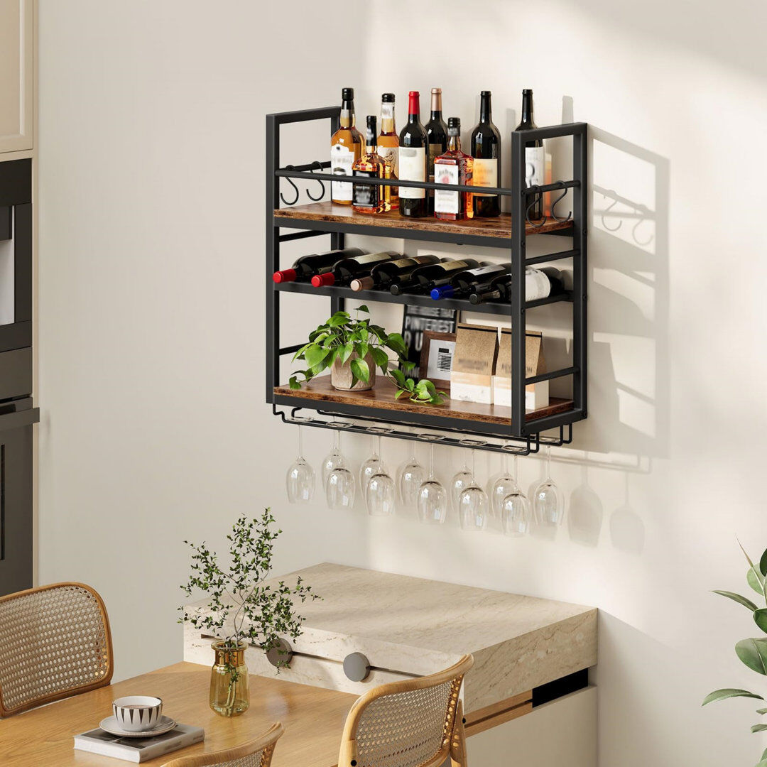 Rio 6 Bottle Wall Mounted Wine Bottle & Glass Rack Rustic Brown Rustic Brown 62cm H X 60cm W X 24cm D