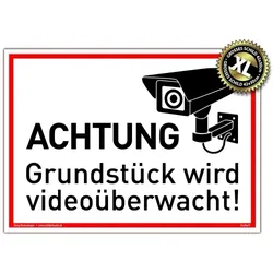 Großes Schild Achtung Grundstück wird videoüberwacht! weiß | stabiles Alu Schild mit UV-Schutz 42 x 30 cm
