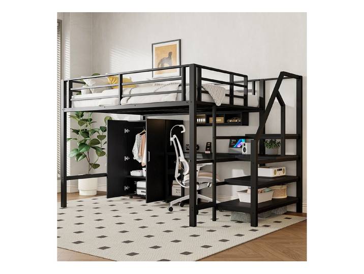 Flieks Hochbett Metallbett 140x200cm mit Kleiderschrank Schreibtisch Stauraumtreppe