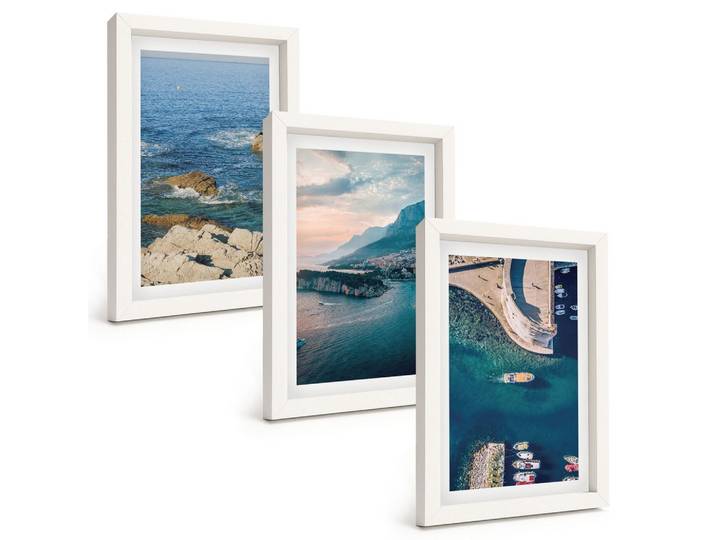 BILDER SET 3er Set - 20x30 cm Weißer Rahmen - Meerblick, Klippen, Häfen