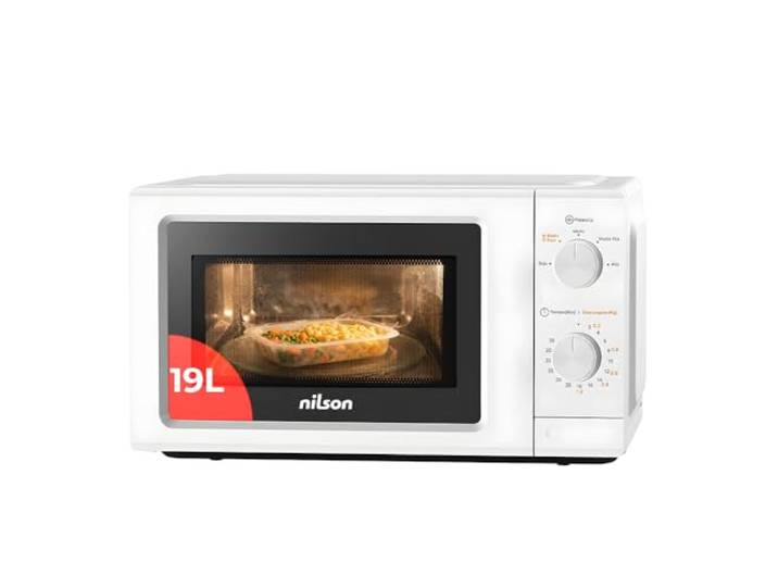Nilson Mikrowelle, 19 l, freie Installation, Weiß NMW2701, 700 W, 5 Programme, mechanisch, Auftaufunktion, Innenbeschichtung, einfache Reinigung, Timer 30 Minuten