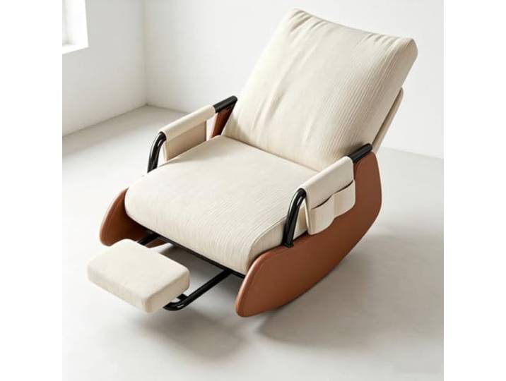 Lounge Schaukelstuhl – mit Ausziehbarer Fußstütze Bequemer Schaukelsessel mit 60cm breiter Sitzfläche und platzsparender Beinauflage fürs Wohnzimmer.