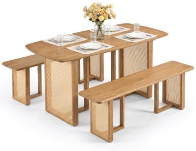 Costway 55” Solid Rubber Wood Dining Table Set Boho Rectangular Dining Table with 2 Benches-Natural