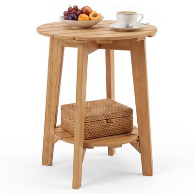 Costway 2-Tier Eucalyptus Wood Side Table with Slatted Tabletop and Storage Shelf for Outdoor-Natural