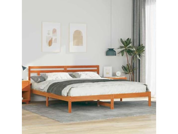 RJPLMFV Bettgestell mit Kopfteil, Braun, Kiefernholz Massives Kiefernholz, quadratische Beine, Latten inklusive, einfache Montage, einfache Pflege