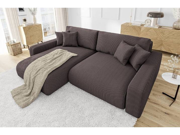 S-Style Möbel Ecksofa Emma mit Bettfunktion in Cord-Stoff und hohem Sitzkomfort, Ottomane links oder rechts bestellbar, mit Wellenfederung