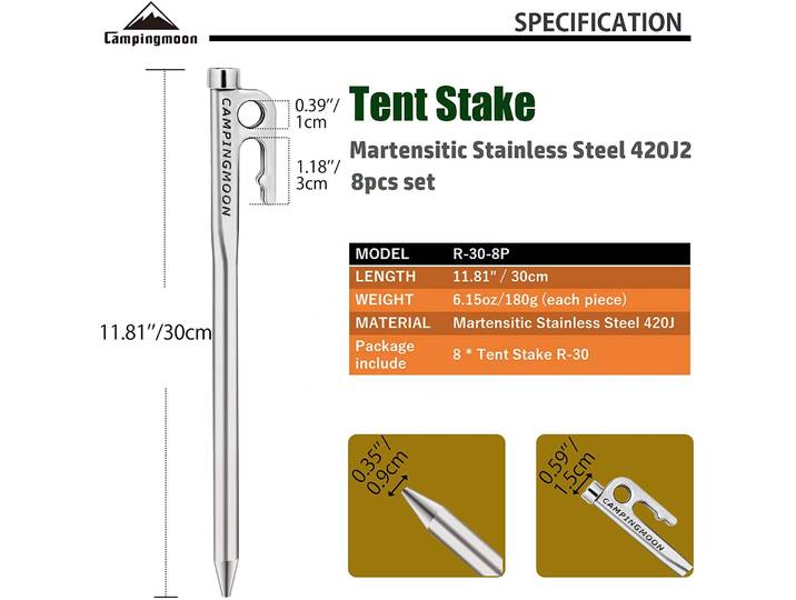 Accessoires de Camping pour ongles de Camping en plein air R30-8, ensemble de 8 clous de Camping en acier inoxydable