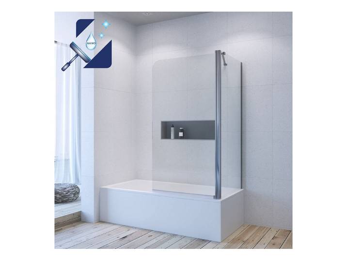 AQUALAVOS Badewannenaufsatz Duschwand für Badewanne Glaswand Pendeltür mit Seitenwand Chromoptik, 5 mm Einscheiben- Sicherheitsglas (ESG) mit Nano Beschichtung Breit 80 cm Seitenwand 70-75 cm Höhe 140 cm, Hebe-Senk-Funktion Spritzschutz Pflegeleicht Rechts/Links Montage