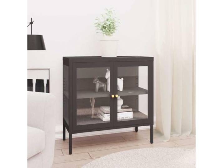 Elegantes Sideboard mit Glastüren, Modernes Sideboard für Wohnzimmer aus Stahl und Glas mit verstellbaren Regalen, Anthrazit 70x35x70 cm