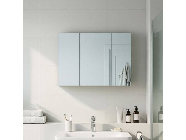 Element Mural de Salle de Bain Placard de Rangement Mural Armoire à Miroir 3 Portes avec Étagère Ajustable Moderne Blanc