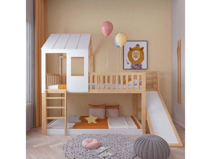 Lit superposé - MODERNLUXE - 90x200cm - Toboggan - Barrières anti-chutes - Pin naturel + blanc