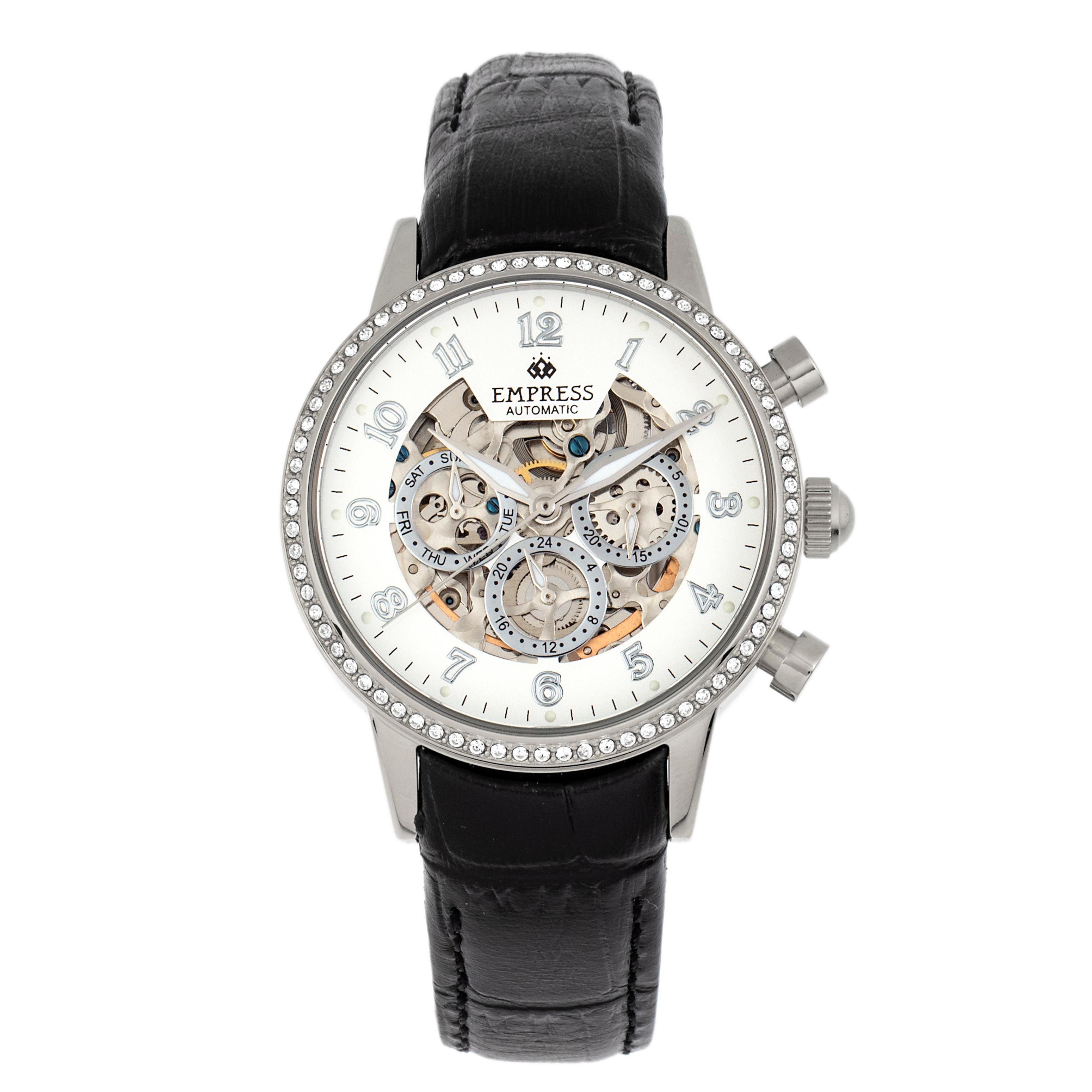 Empress Beatrice Automatikuhr mit Skelett-Zifferblatt und Lederarmband mit Tag/Datum