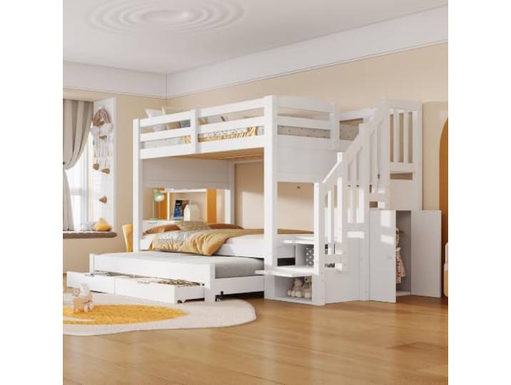 DRLXUN Holzbett Etagenbett 90x200 mit Treppe & Ausziehbett & Stauraum, Weiß Multifunktionales Kinderbett Etagenbett mit Schubladen, Treppe, Ausziehbett, Stauraum und Kleiderschrank, Ohne Matratze