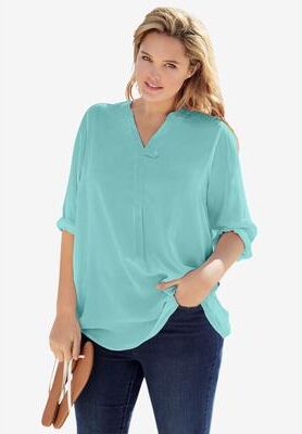 Plus Size Women's Rayon Three-Quarter Sleeve Effortless Tab-front Blouse by Woman Within in Azure (Size 3X) Tunic