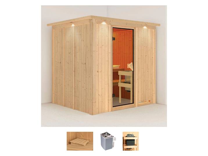 Sauna KARIBU Sodin , beige (naturbelassen), Saunaofen, integrierte Steuerung, 9 kW, Saunen, Sauna, Ofen 9 kW integr. Strg