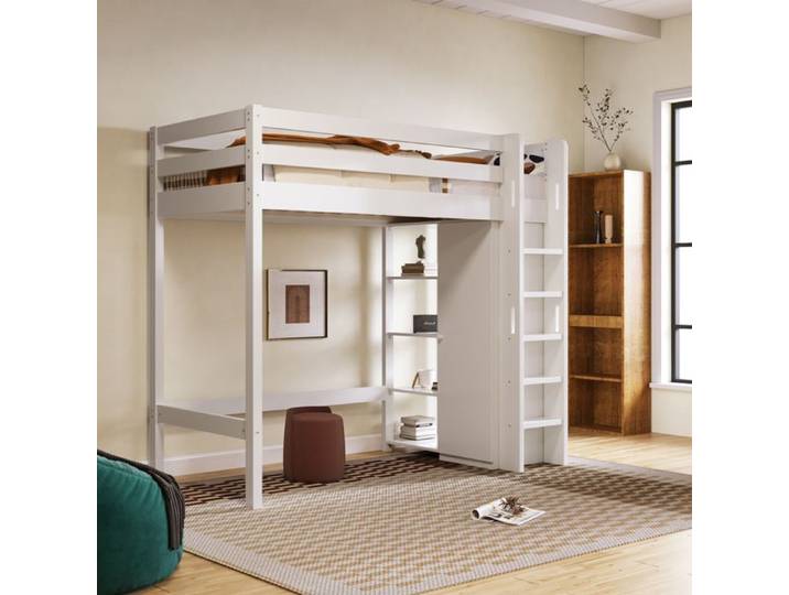Lit Mezzanine Enfant LEMLIT 90x200 cm Armoire 6 Étagères Rangement Réversible Sommier EN747 - Blanc