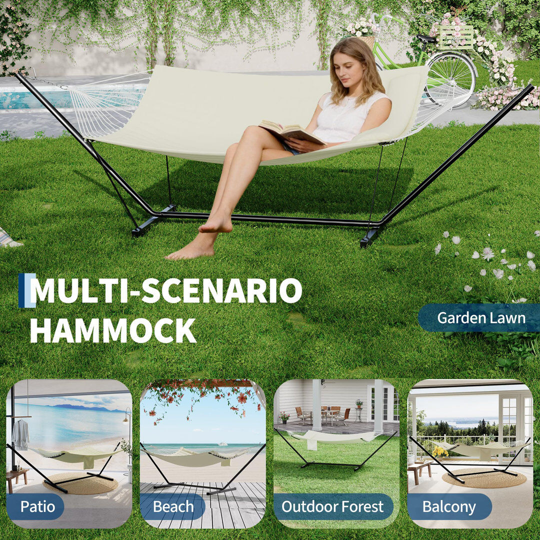17 Stories ? 2 Person Hammock with Stand for Outside, Double Hammock with Stand and Pillow, Max 450 Lbs Capacity with Balance Rope, Large Hammock for Outdoor Pat Beige 110cm H X 365cm W X 132.1cm L