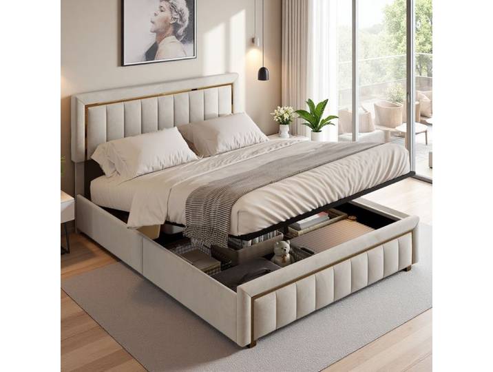 Lit Capitonné 140x200 Lit Coffre avec Rangement Lit en Velours avec Son Design à Rayures Verticales Lit Rembourré Beige