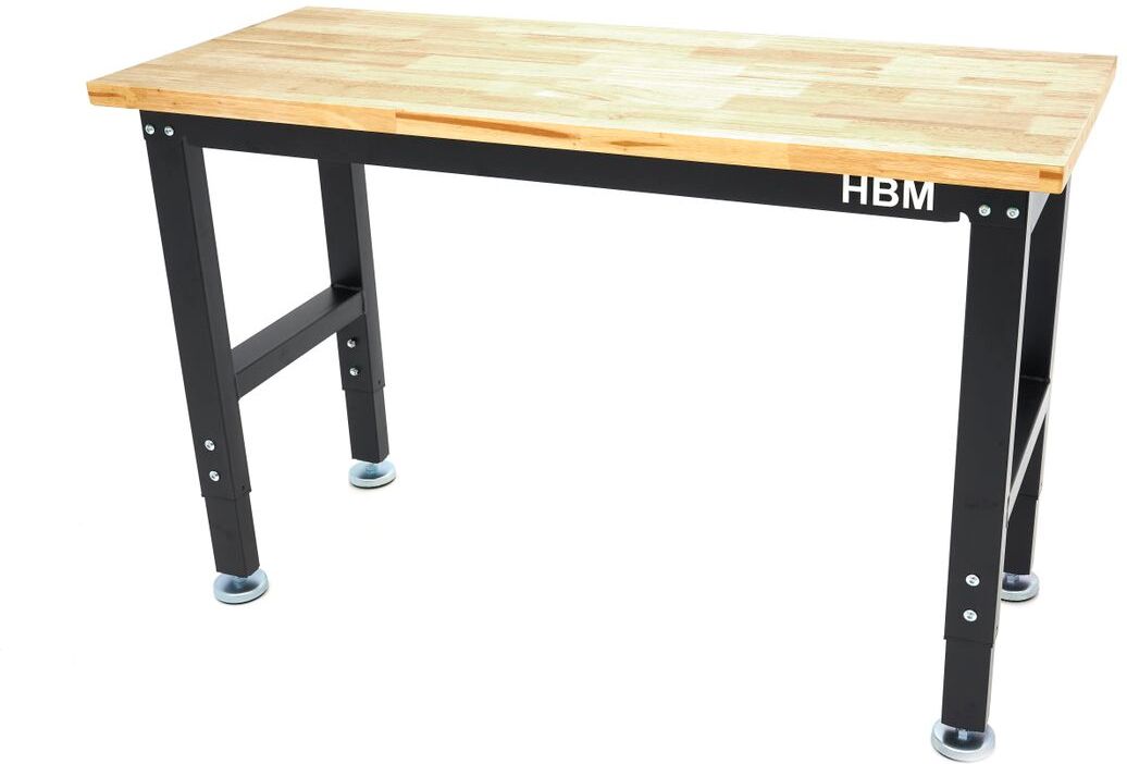 HBM établi réglable en hauteur 122 cm, plan de travail en bois massif, noir