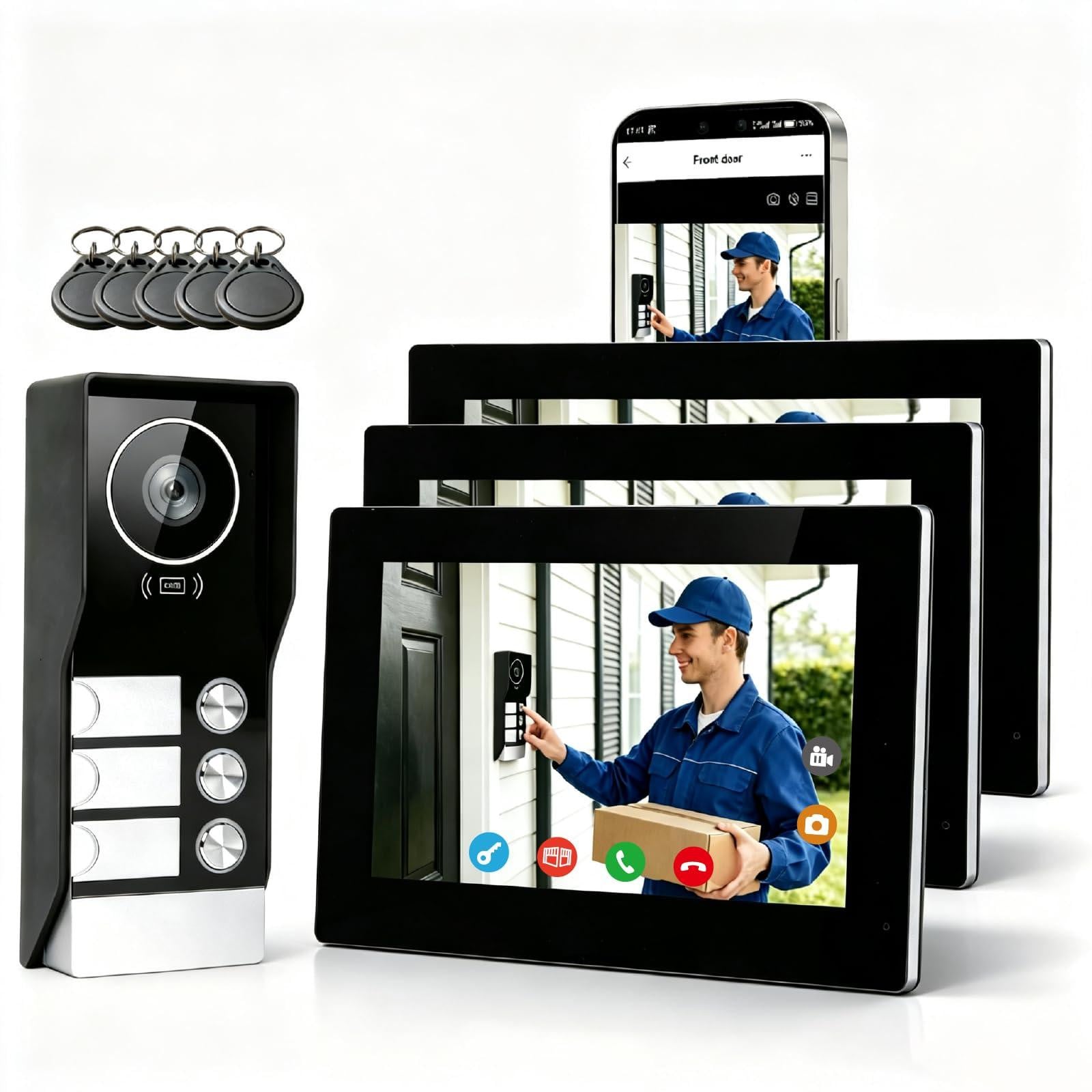 Selius Video Deurbelset 2-Draads met 7-Inch Touchscreen en 1080p Resolutie voor 3 Gezinnen