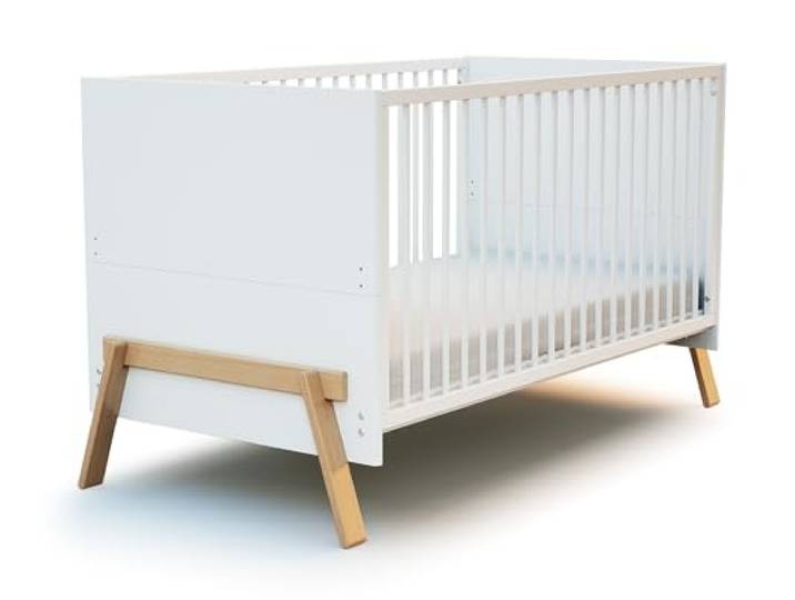AT4 - Babybett umbaubar zum juniorbett Holz 70x140 CANAILLE Weiß und Buche Lackiert Kinderbett mädchen und Jung - Gitterbett mit Lattenrost 2 Stufen Höhenverstellbar
