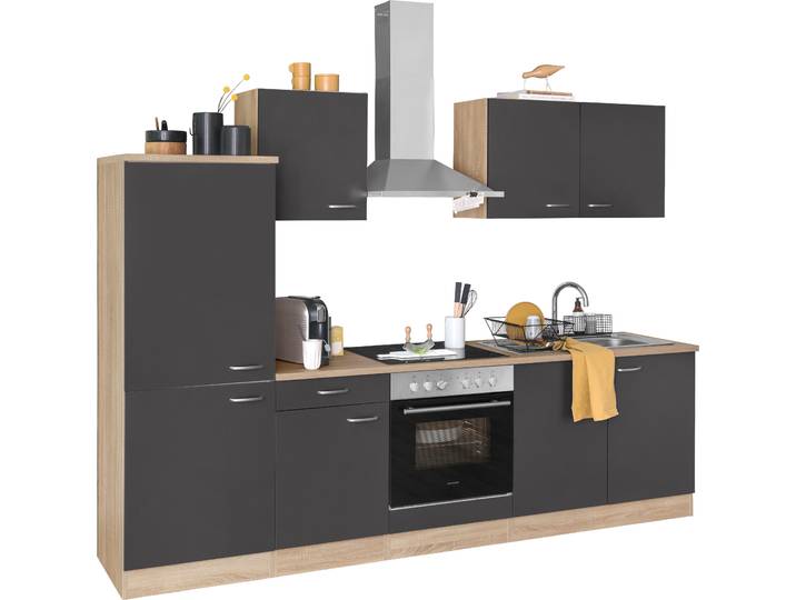 Küchenzeile OPTIFIT Parare , grau (küche: grau, korpus: eichefarben, arbeitsplatte: eichefarben), B:270cm T:60cm, Komplettküchen-Sets, Küchenzeile, ohne E-Geräte, Breite 270 cm