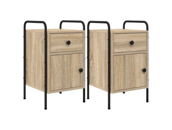 PUGYNBK Nachttisch, 2 Stück, Sonoma-Eiche, 35 x 36,5 x 61 cm Stahlrahmen, Schublade und Schrank, wendbare Tür, verstellbare Beine, Industriedesign