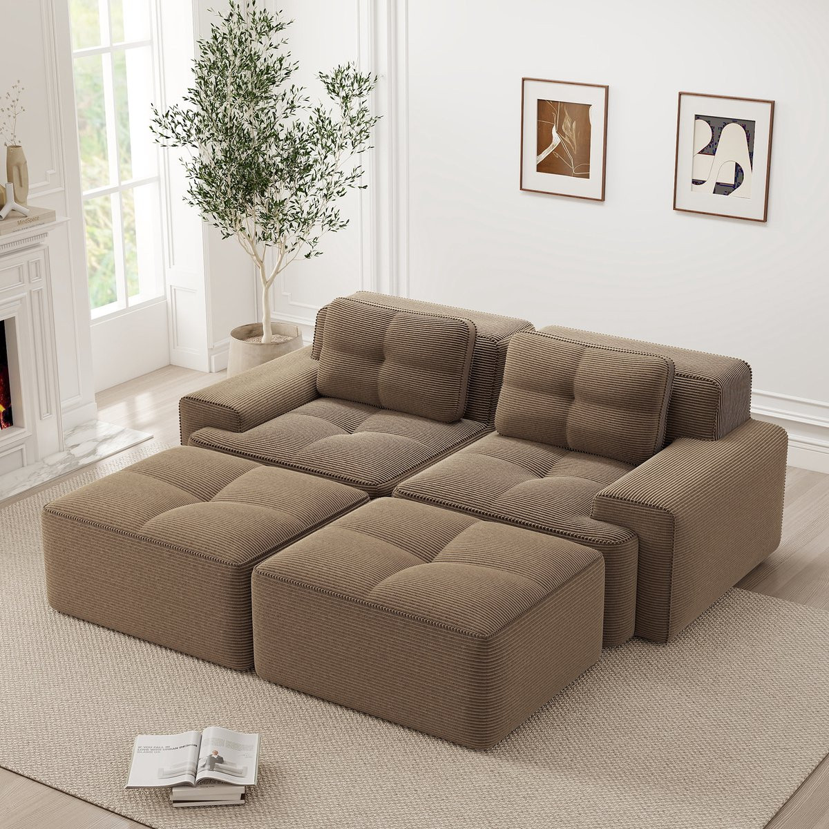 Mivray U-Bank 2-Zits Modulaire Diepzit Sofa met Ottomaan in Bruine Ribstof