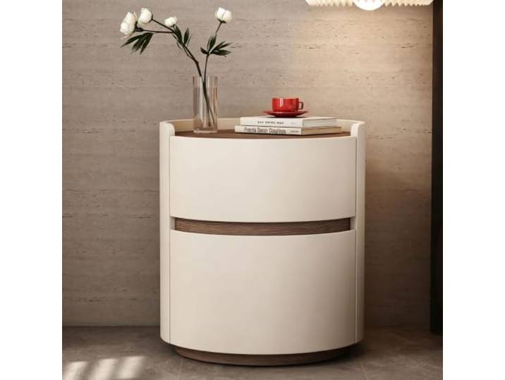 Runder Nachttisch Mit Schublade Kleiner Nachttisch Moderner Stil Leder 2 Schubladen mit verdeckten Griffen Für das Schlafzimmer(White,45cm/18in)