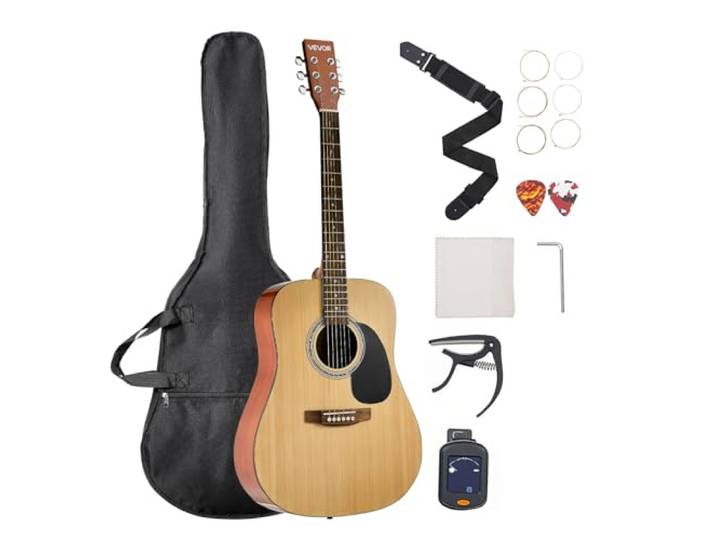 VEVOR Guitare Acoustique Dreadnought 6 Cordes\, 103 cm\, Table Épicéa Massif\, Fond en Acajou\, Touche en Palissandre\, avec Housse\, Accordeur\, Sangle\, Médiator\, Capodastre\, pour Adultes\, Couleur Naturel