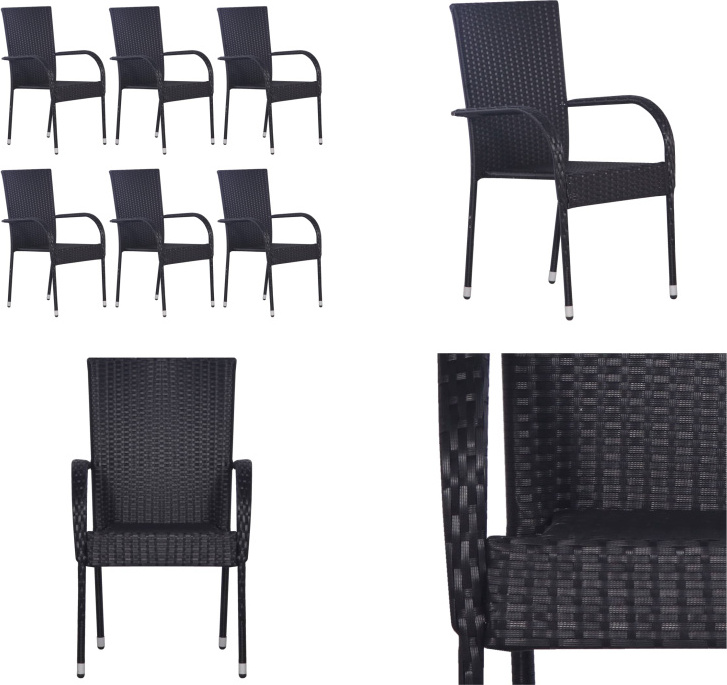 vidaXL Stapelbare Gartenstühle 6 Stk. Poly Rattan Schwarz - Gartenstuhl - Gartenstühle - Stapelstuhl Garten - Stapelstühle Garten