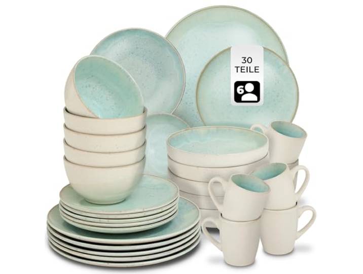 tectake® 30tlg. Kombiservice 6 Personen, Steingut Geschirrset 6 Personen, handgefertigtes Teller Set mit Schüsseln und Tassen, Geschirr Set spülmaschinen- und mikrowellengeeignet - Mid Sea