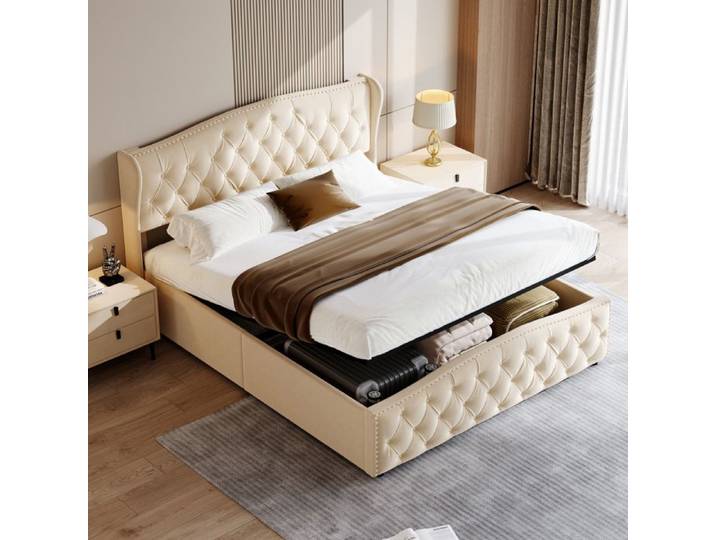 Lit Coffre - TIMPFEE - 140x200 cm - Velours Beige - Design Capitonné - Rangement Hydraulique
