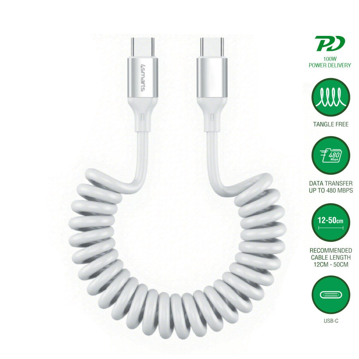 4smarts USB-C Spiralkabel 100W weiß 541600
