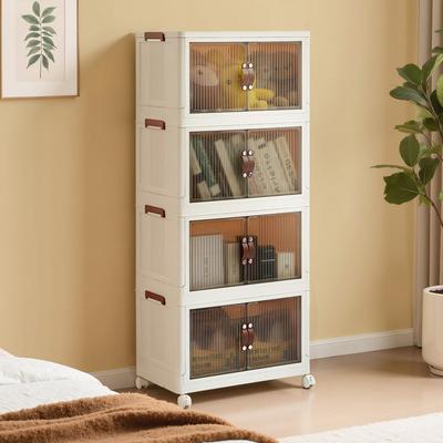 4/5-Tier Stackable PP Plastic Storage Bins with 4 Wheels & Magnetic Doors Multi-purpose Cabinet for Home Kitchen Bathroom