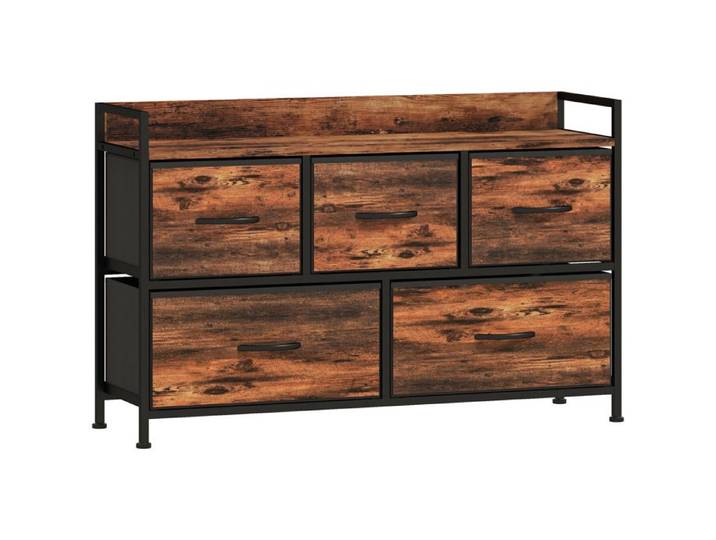 YWJ Commode Tissu 5 Tiroirs Cadre Métal Industriel Salon Entrée Rangement 98x29x63cm Marron Rustique
